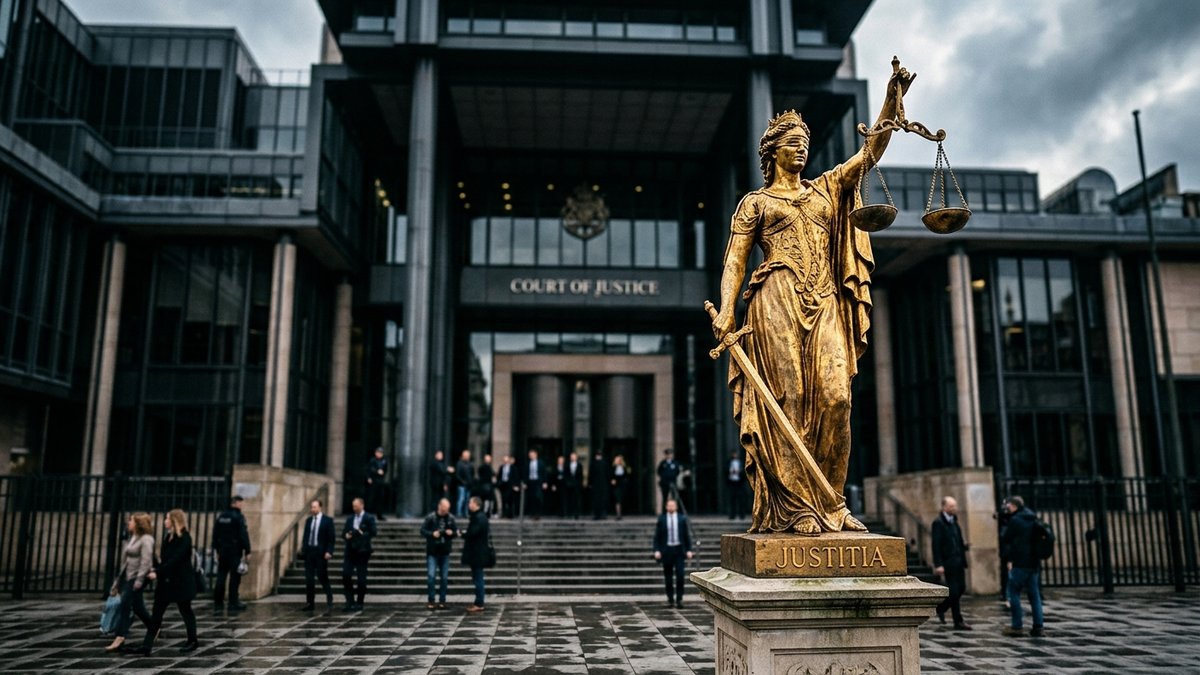 Goldene Justitia-Statue mit Waage und Schwert vor europäischem Gerichtsgebäude