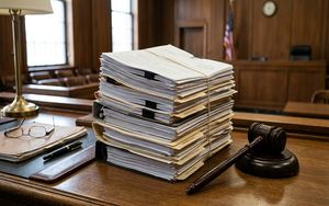 Gerichtsdokumente und Akten auf Schreibtisch